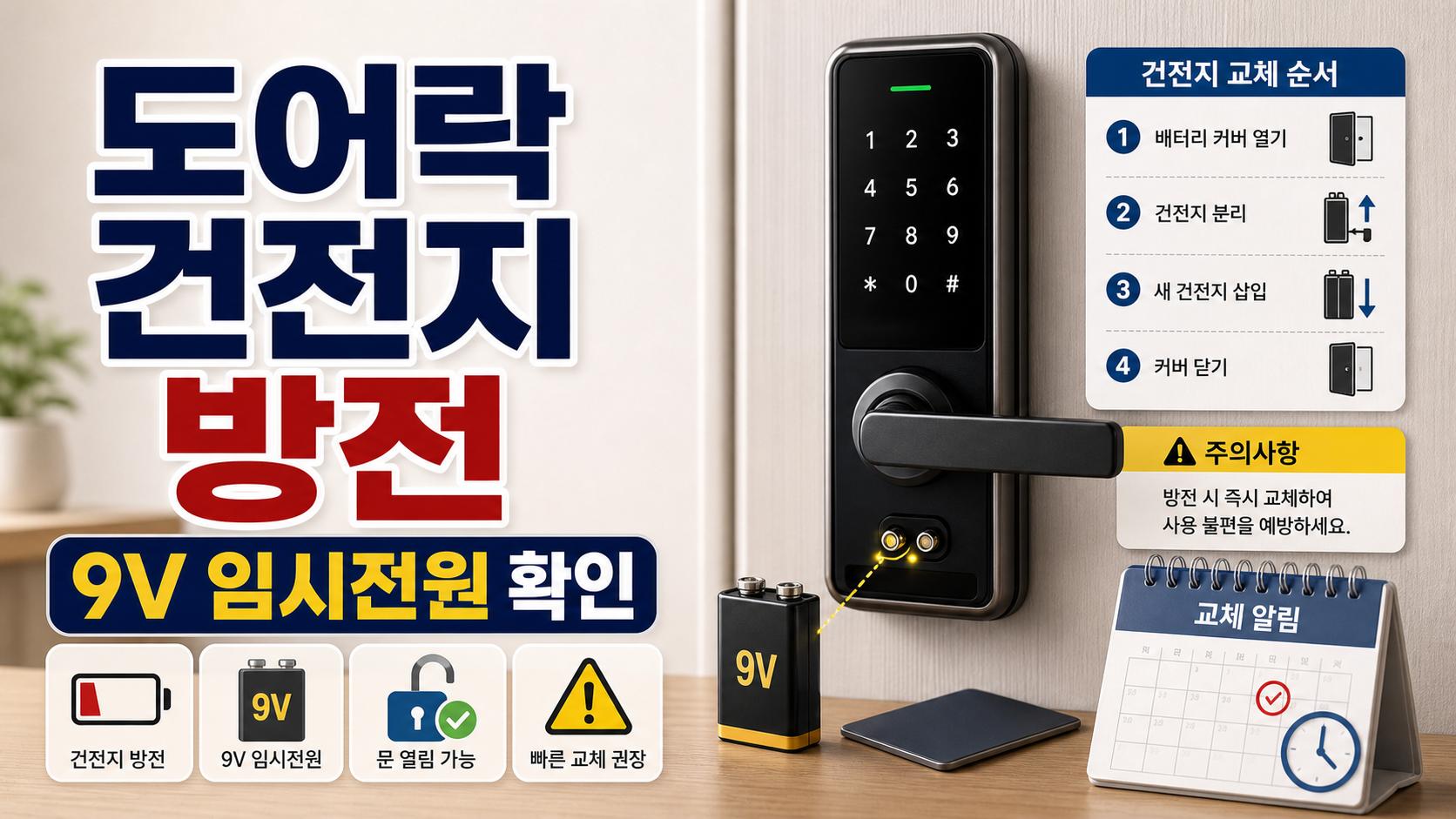 도어락 건전지 방전 때 9V 임시 전원과 교체 확인 순서 관련 이미지 1