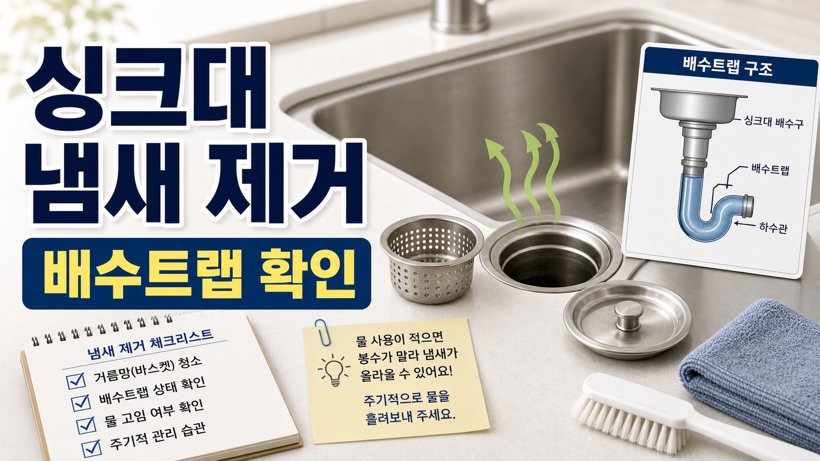 싱크대 배수구 냄새 제거 전 거름망과 배수트랩 상태 확인하기 관련 이미지 1