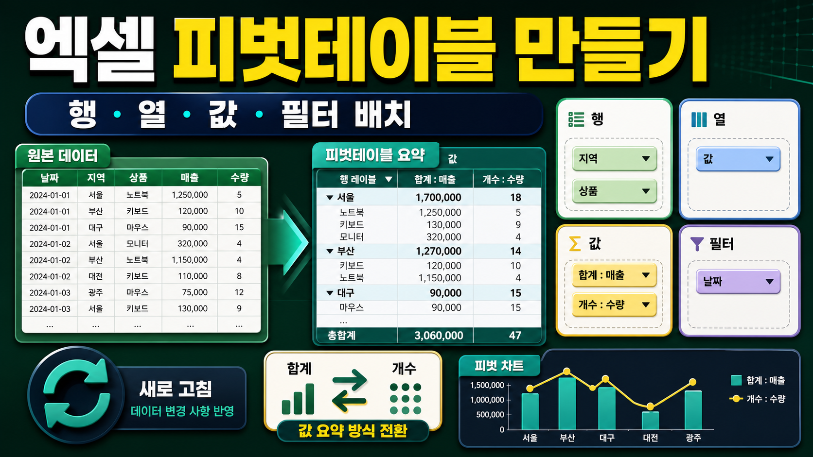 엑셀 피벗테이블 만들기 - 행·열·값·필터 배치와 새로고침 관련 이미지 1